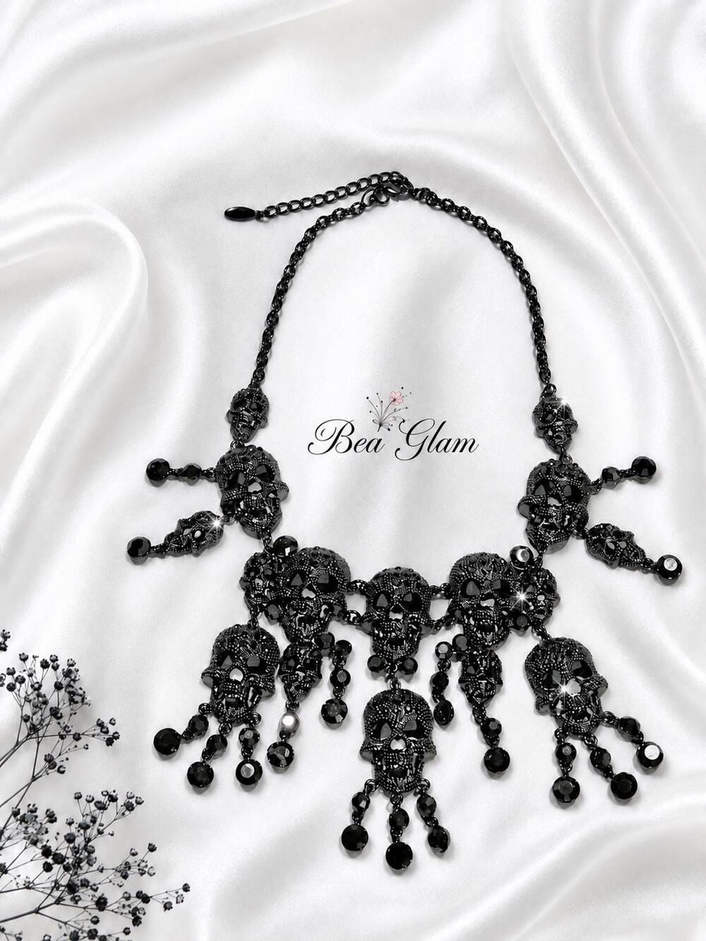 Natasha Glam Skulls Halloween Statement Necklace Black Metal Rhinestones